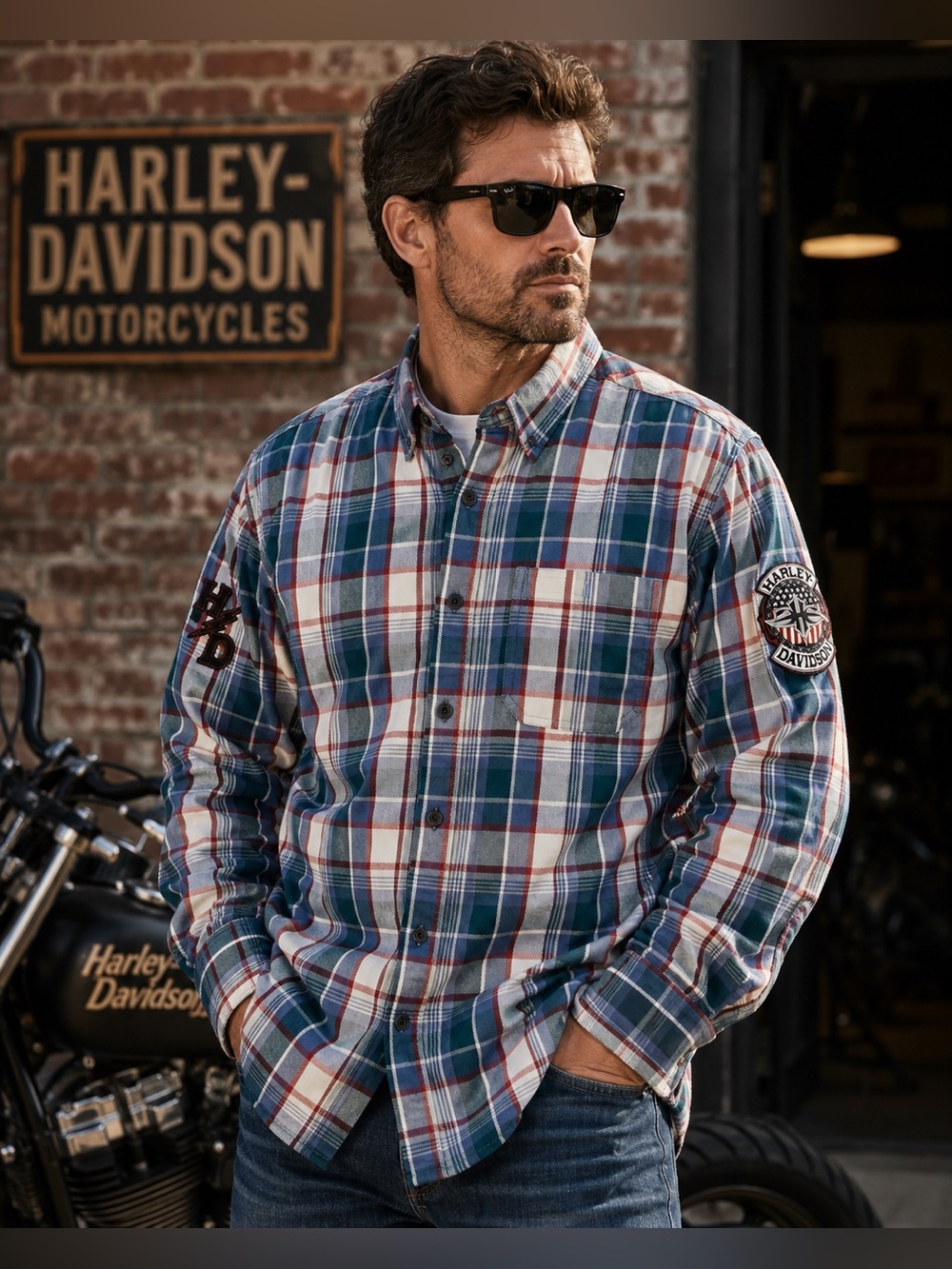 Harley-Davidson Men's Blue, White & Red Plaid Button-Down Shirt